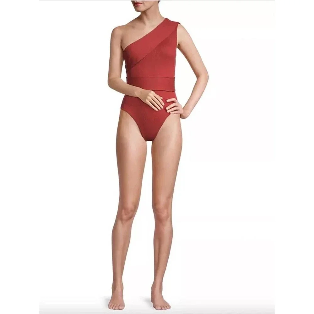 Haight Maria Ribbed One-Shoulder One-Piece Swimsuit Red Small NEW